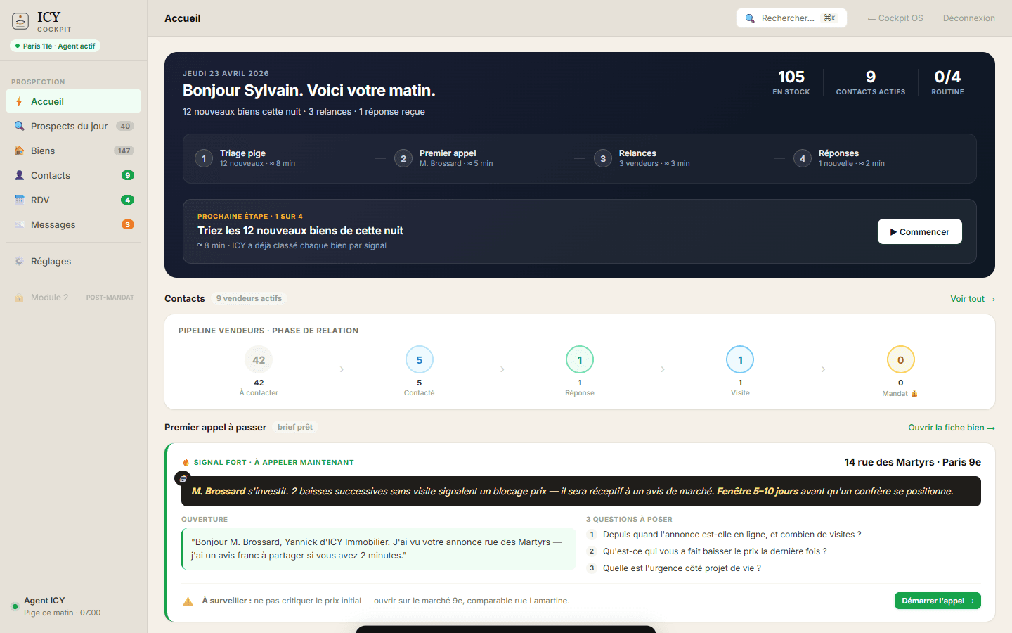 ICY Cockpit — tableau de bord du matin