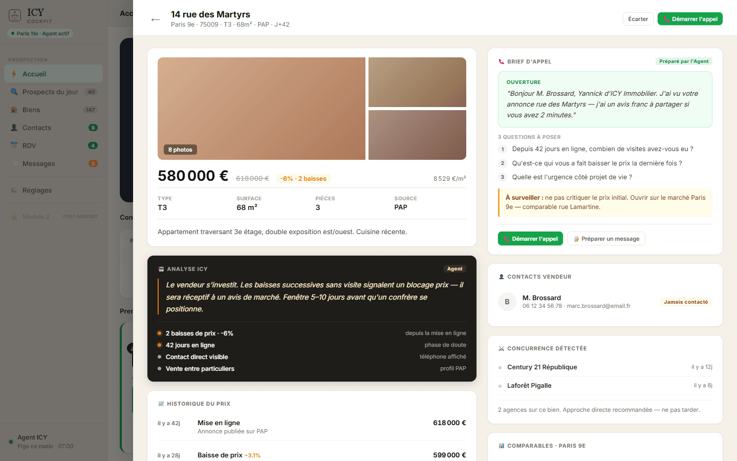 ICY Cockpit — fiche bien avec brief d'appel